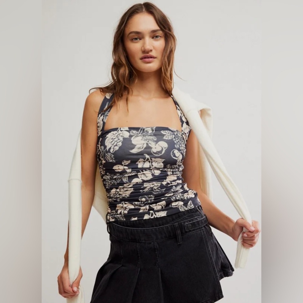 FREE PEOPLE Tommie Knit Tank Top Fruit Print NWT Black Crisscross Back
